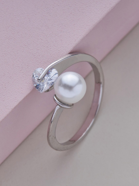 

Kushal's Fashion Jewellery Rhodium-Plated Silver-Toned & White CZ-Studded Adjustable Trendy Finger Ring