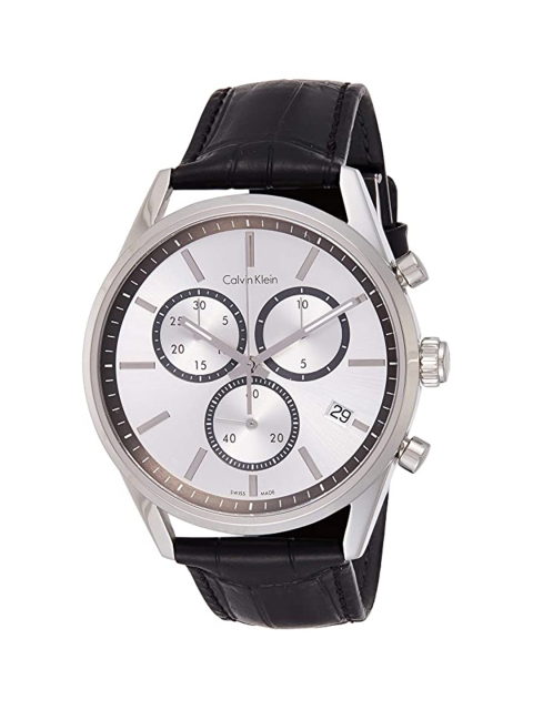 

Calvin Klein Men Silver Dial & Black Leather Straps Analogue Chronograph Watch K4M271C6