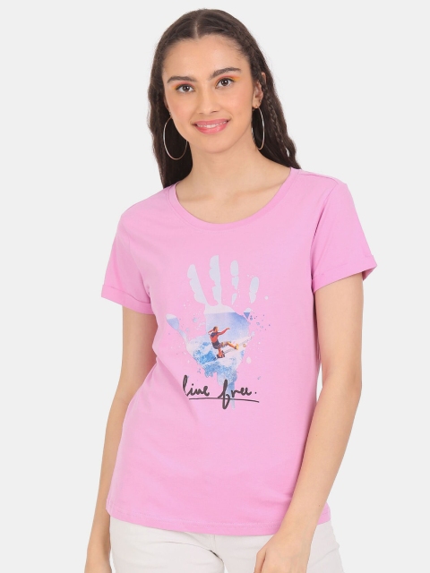 

Sugr Women Pink & Multicoloured Printed Extended Sleeves Applique T-shirt