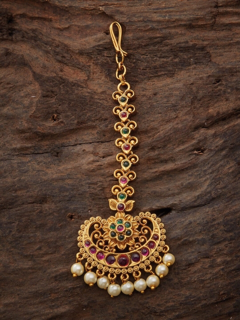 

Kushal's Fashion Jewellery Gold-Plated Red & Green Stone-Studded & Beaded Antique Maang Tika