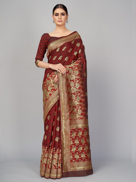 

MONJOLIKA FASHION Red & Golden Ethnic Motifs Zari Silk Blend Banarasi Saree