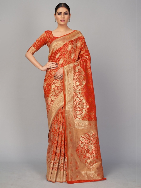 

MONJOLIKA FASHION Orange & Gold-Toned Woven Design Silk Blend Banarasi Saree