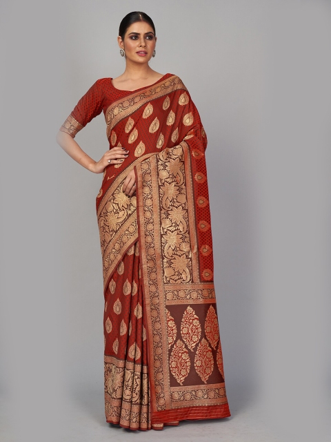 

MONJOLIKA FASHION Red & Gold-Toned Ethnic Motifs Zari Silk Blend Banarasi Saree
