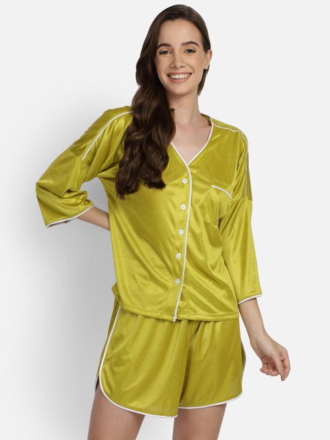 

YOU FOREVER Women Olive Green Satin Night suit