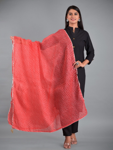 

Apratim Red & Silver-Toned Striped Leheriya Dupatta