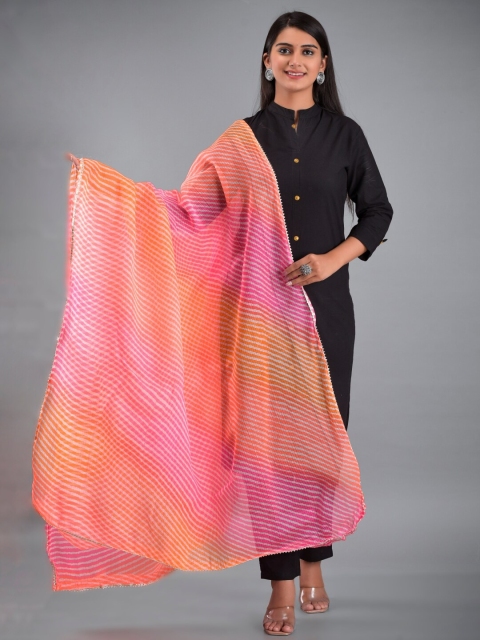 

Apratim Pink & Yellow Printed Leheriya Dupatta