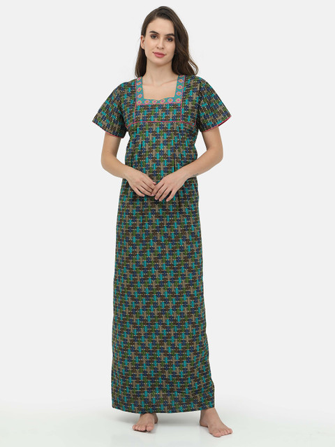 

Charak Green Printed Maxi Nightdress