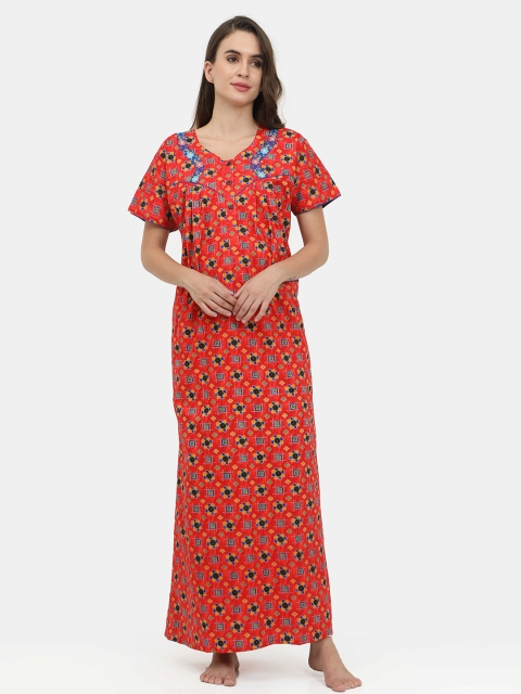 

Charak Red Printed Maxi Nightdress