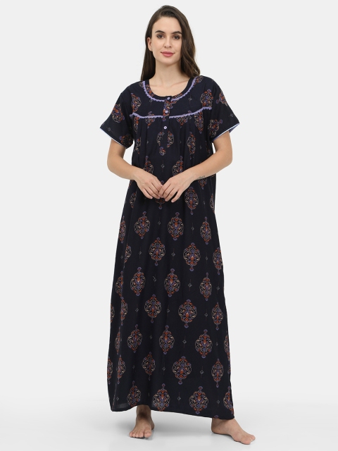 

Charak Navy Blue Printed Maxi Nightdress