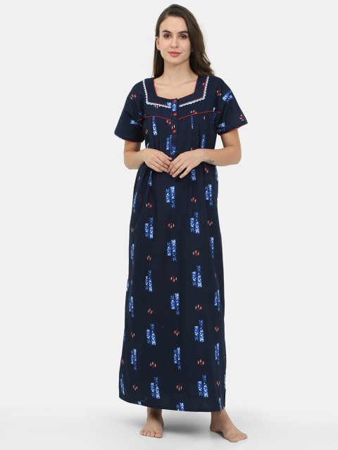 

Charak Navy Blue Printed Maxi Nightdress