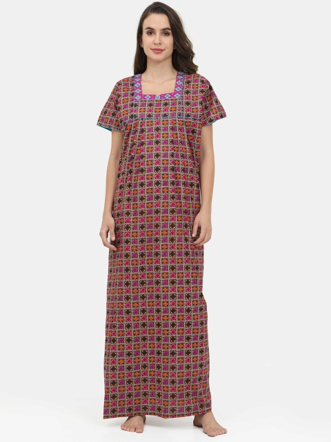 

Charak Pink & Orange Geometric Printed Pure Cotton Maxi Nightdress
