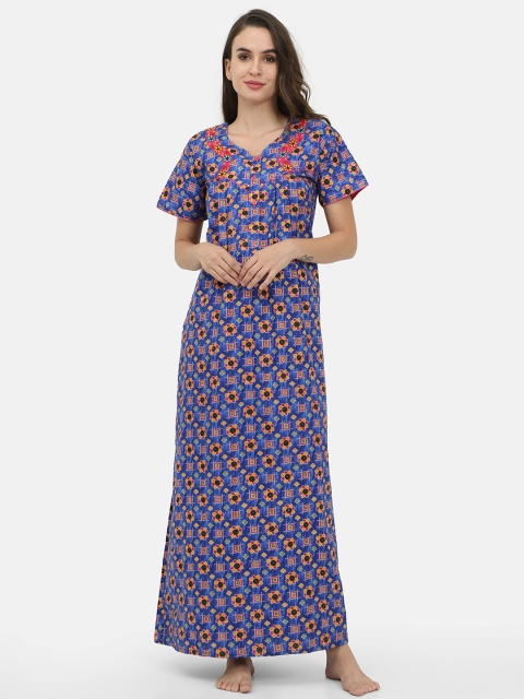 

Charak Blue Printed Cotton Maxi Nightdress