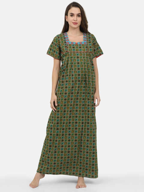 

Charak Women Green Printed Cotton Maxi Nightdress