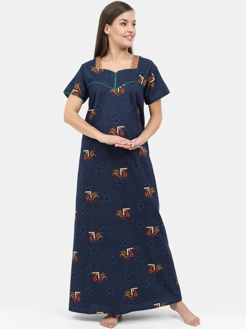 

Charak Navy Blue Printed Maxi Nightdress