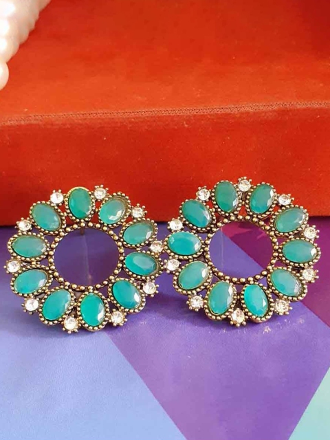 

RICH AND FAMOUS Gold-Plated & Sea Green Circular Studs Earrings