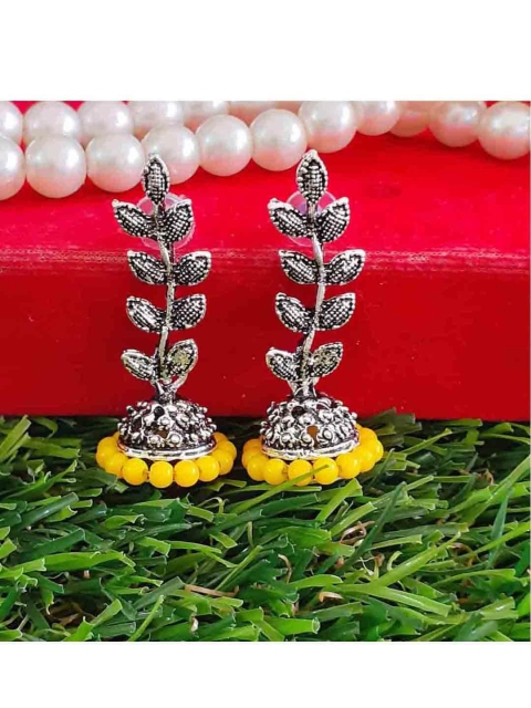 

RICH AND FAMOUS Yellow & Silver-Plated Contemporary Jhumkas Earrings