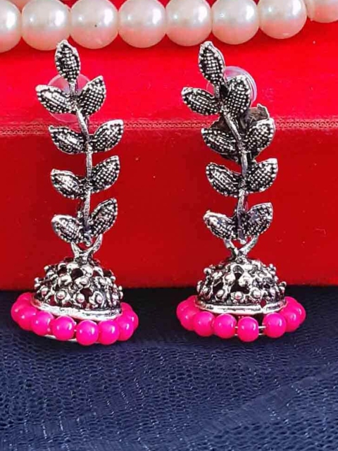 

RICH AND FAMOUS Oxidised Silver-Plated Pink Leaf Shaped Beaded Jhumkas Earrings