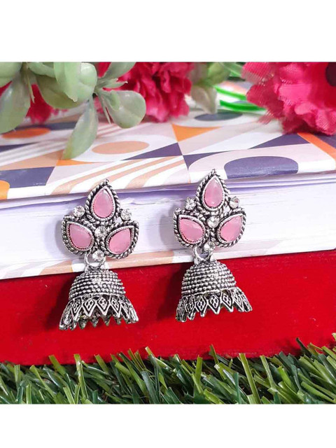 

RICH AND FAMOUS Silver-Toned & Pink Dome Shaped Jhumkas Earrings