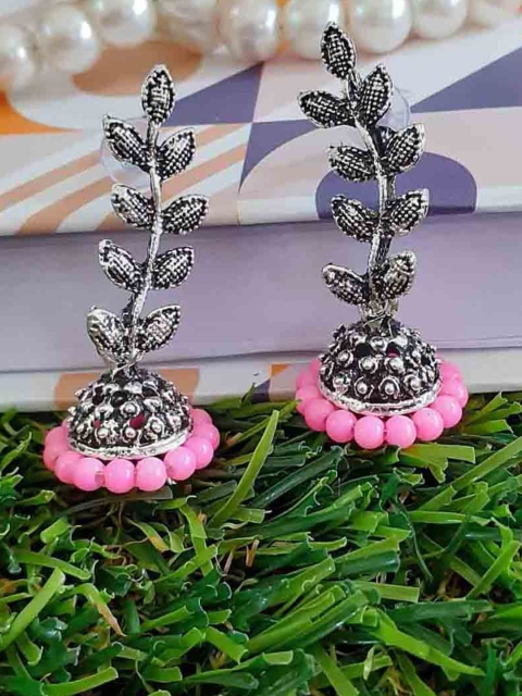 

RICH AND FAMOUS Silver-Toned & Pink Contemporary Jhumkas Earrings