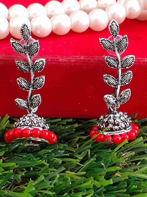 

RICH AND FAMOUS Silver-Toned & Red Dome Shaped Jhumkas Earrings