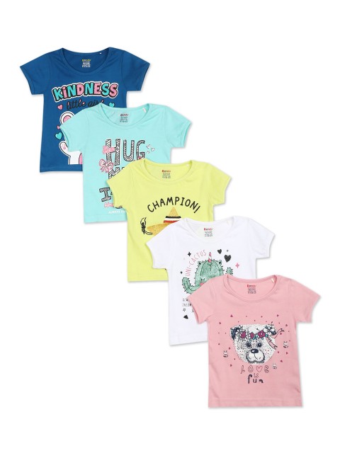 

Donuts Girls Set Of 5 Blue & Yellow Typography Printed Cotton T-shirt
