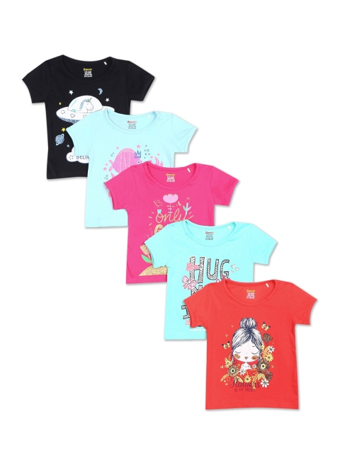 Donuts Girls Blue & Pink Pack Of 5 Printed Cotton T-shirt