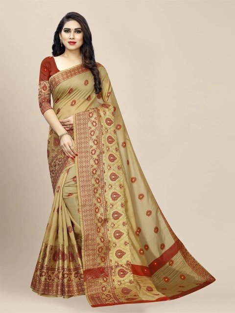 

VAIVIDHYAM Beige & Red Floral Zari Silk Cotton Banarasi Saree