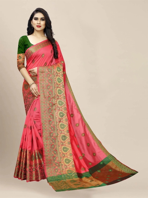 

VAIVIDHYAM Peach-Coloured & Green Floral Zari Silk Cotton Banarasi Saree