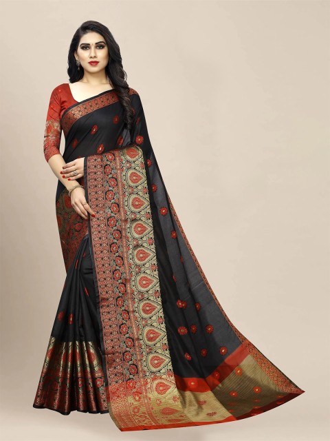 

VAIVIDHYAM Black & Red Floral Zari Silk Cotton Banarasi Saree