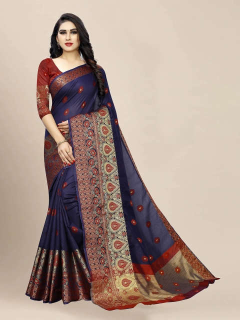 

VAIVIDHYAM Navy Blue & Red Floral Zari Silk Cotton Banarasi Saree