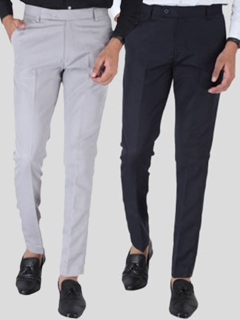 

Srey trends Men Blue & Grey Set Of 2 Smart Slim Fit High-Rise Formal Trousers