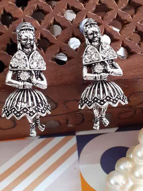 

RICH AND FAMOUS Silver-Toned Contemporary Jhumkas Earrings