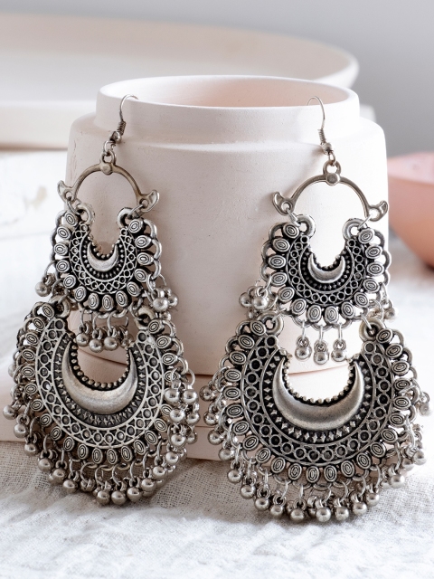 

Infuzze Oxidised Silver-Toned Textured Drop Earrings