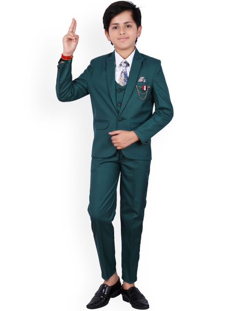 

FOURFOLDS Boys Green Solid 5-Piece Single-Breasted Partywear Suit