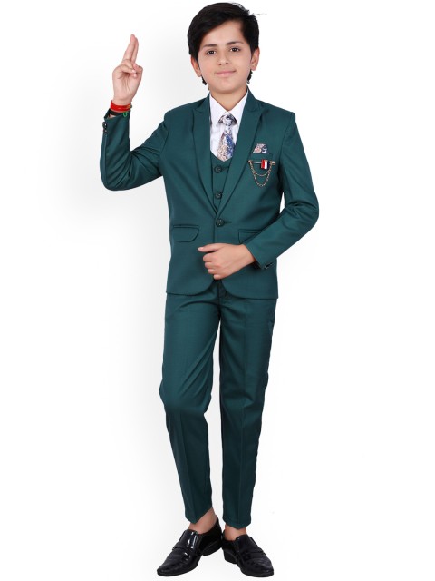

FOURFOLDS Boys Green Solid 5-Piece Single-Breasted Partywear Suit