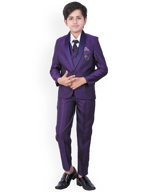

FOURFOLDS Boys Purple Solid 5-Piece Single-Breasted Partywear Suit