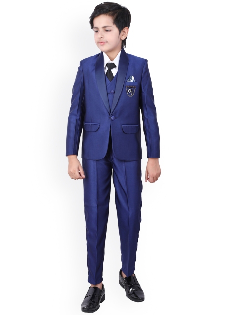 

FOURFOLDS Boys Blue Solid 5-Piece Single-Breasted Partywear Suit