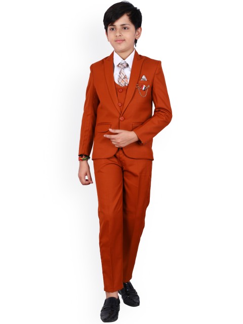 

FOURFOLDS Boys Orange Solid Single-Breasted 5-Piece Suit