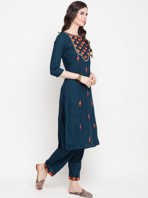 

GULMOHAR JAIPUR Women Teal Floral Embroidered Kurta with Trousers