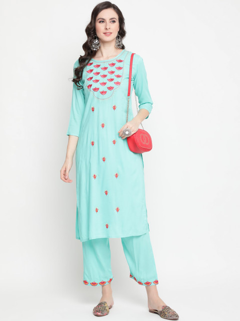 

GULMOHAR JAIPUR Women Sea Green Floral Embroidered Panelled Thread Work Kurta with Trousers