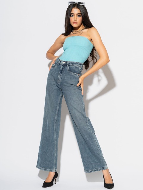 

FREAKINS Women Stylish Blue High-Rise Wide Leg Cropped Jeans