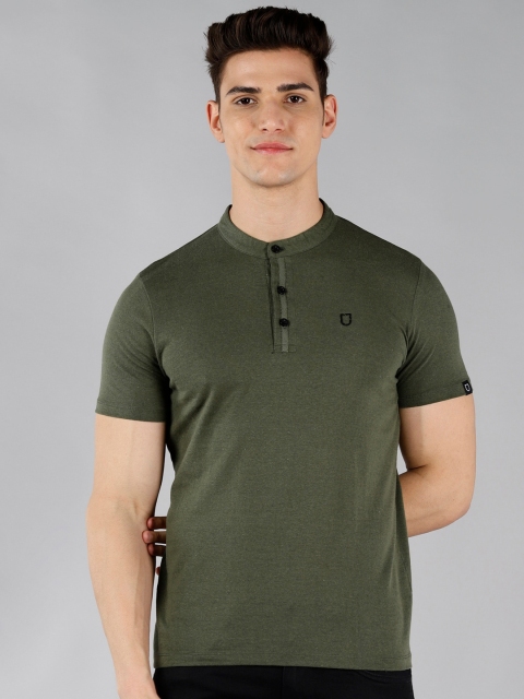 

Urbano Fashion Men Olive Green Henley Neck Slim Fit Cotton T-shirt