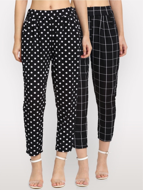 

NEUDIS Women Pack of 2 Black Printed Pleated Trousers