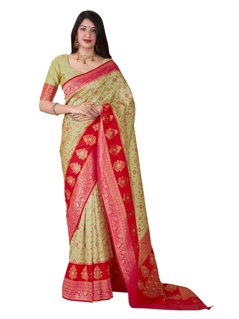 

MONJOLIKA FASHION Green & Red Woven Design Zari Silk Blend Banarasi Saree