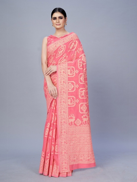 

MONJOLIKA FASHION Pink & Gold-Toned Ethnic Motifs Zari Silk Cotton Banarasi Saree