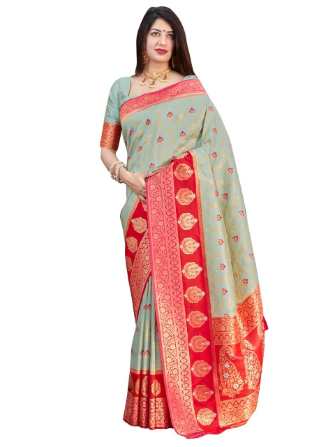 

MONJOLIKA FASHION Teal & Red Woven Design Zari Silk Blend Banarasi Saree