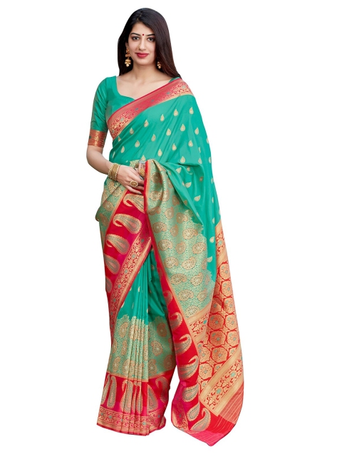 

MONJOLIKA FASHION Turquoise Blue & Red Woven Design Zari Silk Blend Banarasi Saree