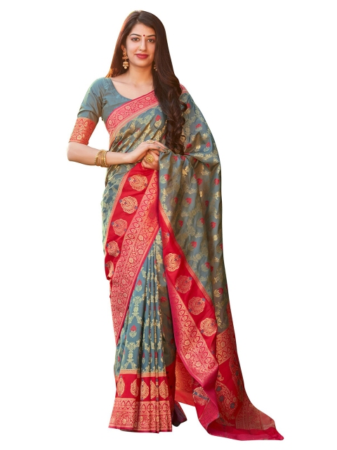 

MONJOLIKA FASHION Grey & Red Woven Design Silk Blend Banarasi Saree