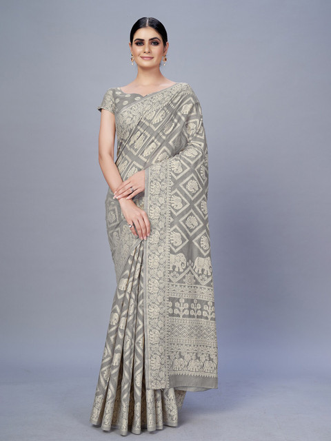 

MONJOLIKA FASHION Grey & Silver-Toned Ethnic Motifs Zari Silk Cotton Bagh Saree