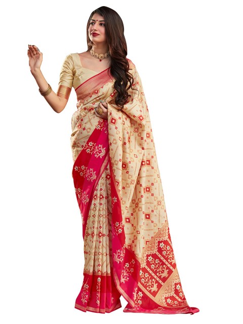 

MONJOLIKA FASHION Cream-Coloured & Red Woven Design Zari Silk Blend Banarasi Saree